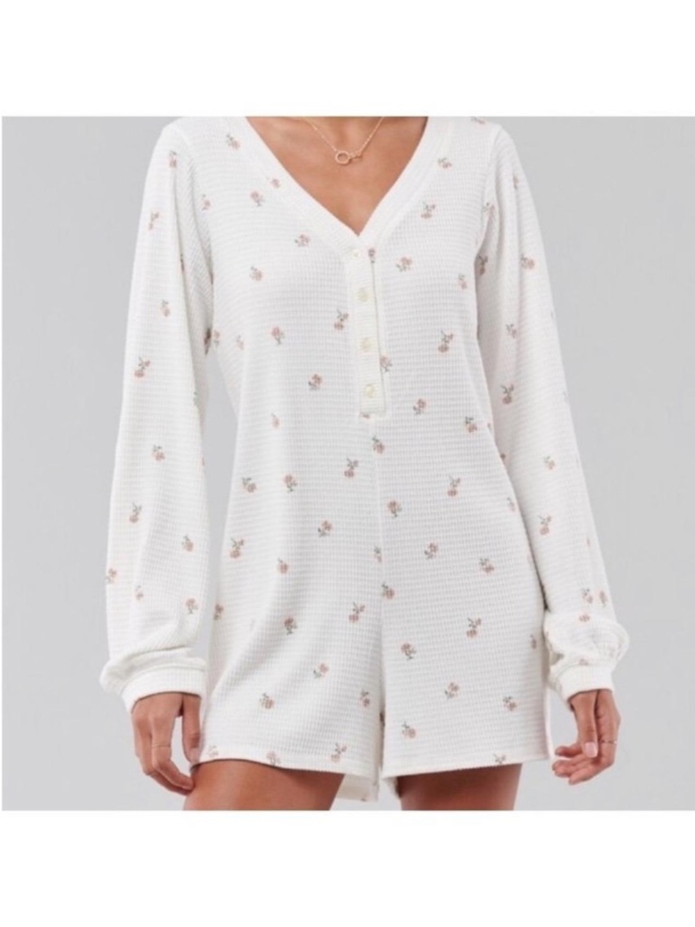 Gilly Hicks White Floral Waffle-Knit Henley Romper